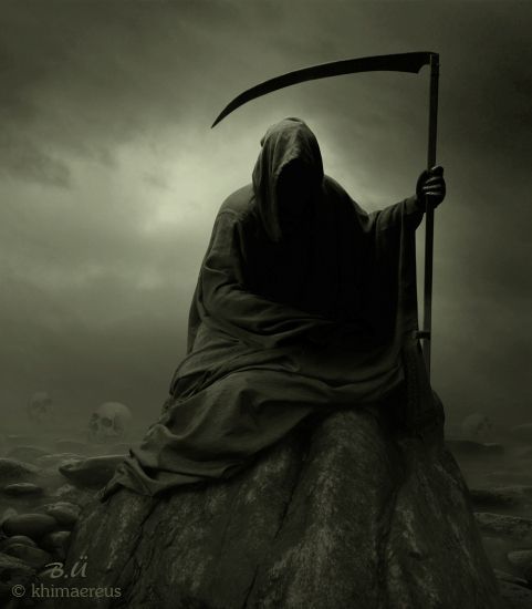 Wall Mural God of death, Grim reaper.illustration scarecrow,halloween dark  fantasy painting.Skull in hood. - PIXERS.UK